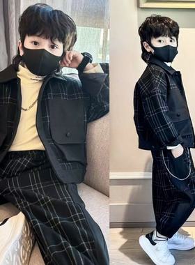 男童夹棉西装套装2024冬季新款年货儿童韩版格子加绒束脚裤潮童韩