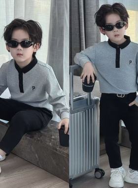 男童polo衫2025新款儿童春秋翻领长袖T恤中大童灰色休闲上衣帅气