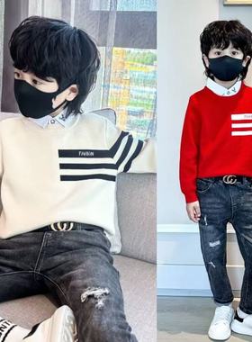 男童过年毛衣套头冬装新款童装初中学生针织衫儿童假两件潮流上衣