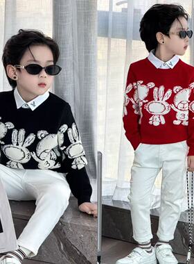 2025新款童装卡通小熊毛衣轻奢男童假两件针织衫儿童保暖拜年服