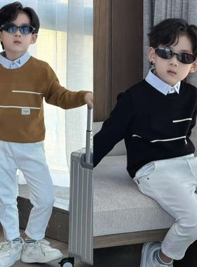 男童假两件毛衣2025新款儿童秋冬针织衫中大童装休闲上衣打底衫潮