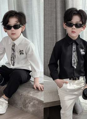 男童衬衫2025新款儿童春秋假领带衬衣中大童装休闲长袖上衣帅气潮