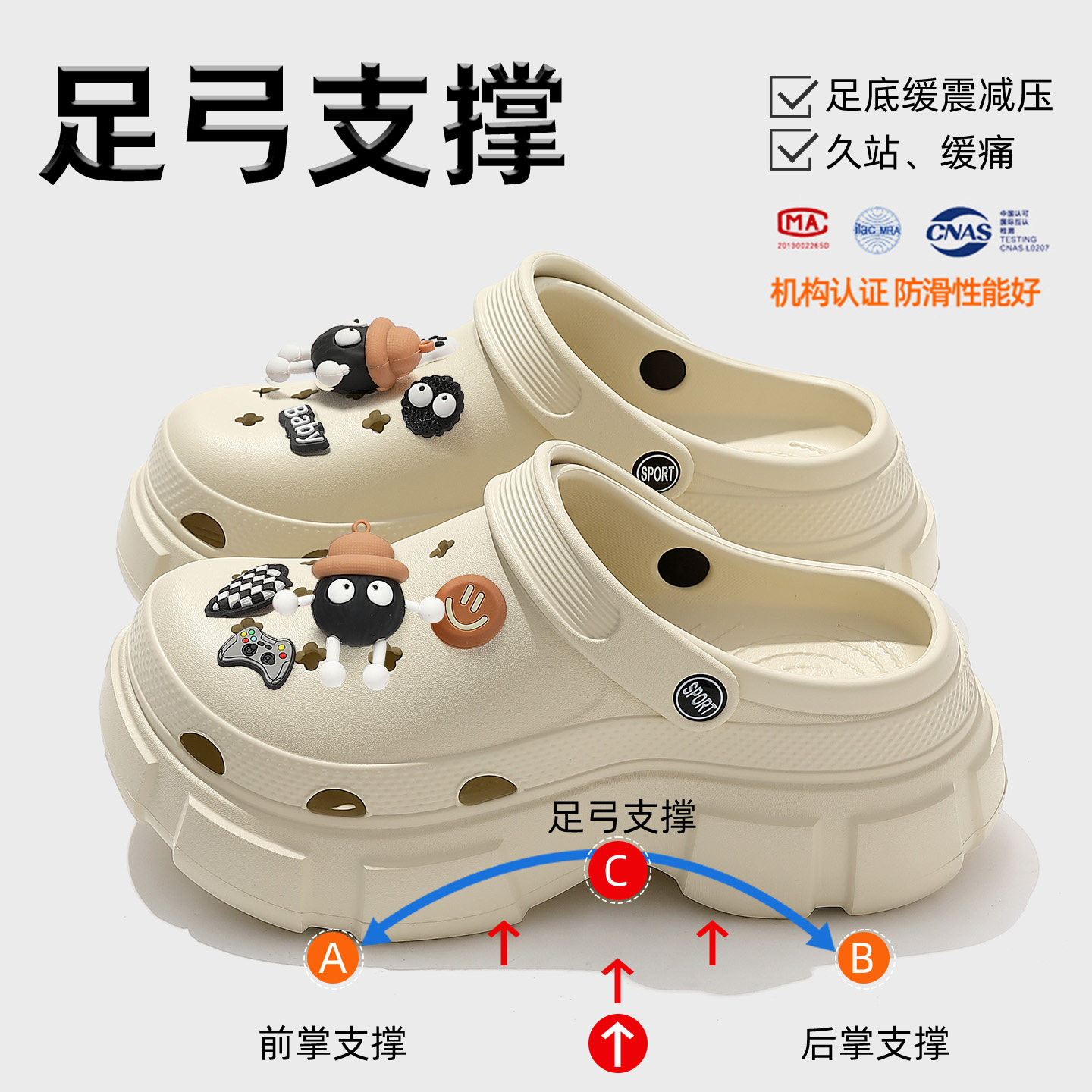 足弓支撑洞洞鞋女款2026新款夏季外穿厚底防滑防臭diy配饰沙滩鞋