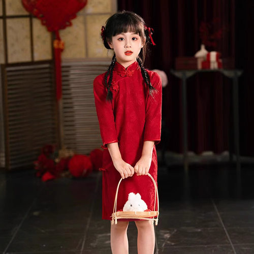 红色蕾丝中长款女童复古旗袍中国风改良中式连衣裙儿童古筝演出服
