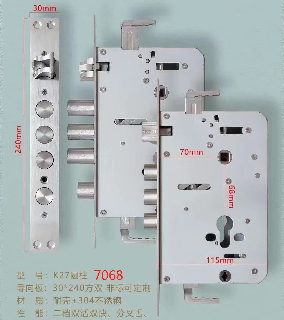 全自动指纹锁体7068圆柱30*240双快双活24*240全不锈钢霸王40*388