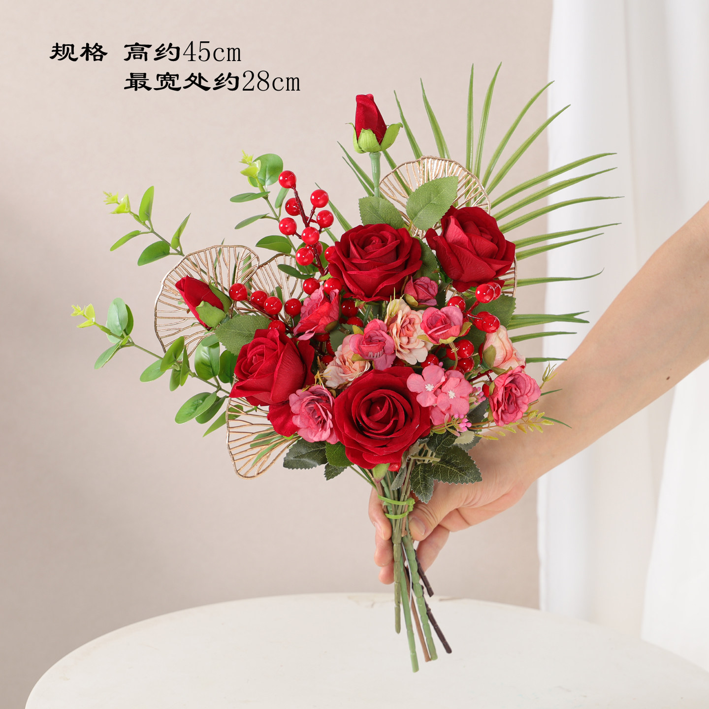 婚房装饰花红色手捧花仿真花假花绢花订婚摆设拍照道具红玫瑰摆件