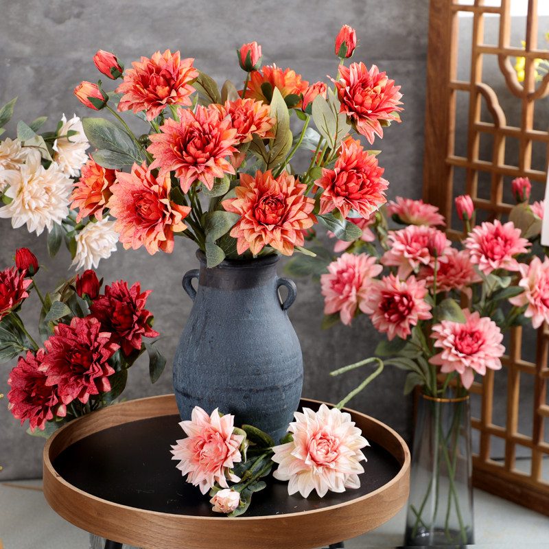 复古油画大丽花 仿真花高档新款客厅餐桌花装饰插花绢花摆件假花