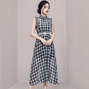 PS41619# 夏季新款韩版时尚气质简约圆领格子飘逸收腰显瘦连衣裙
