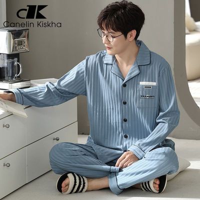 春秋款100%纯棉长袖睡衣可外穿男士2023新款秋季网红风大码家居服