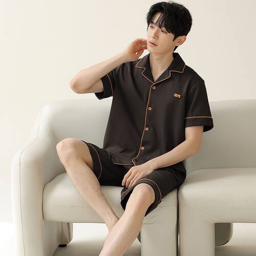 男士100%纯棉睡衣夏季短袖短裤翻领可外穿夏天青少年家居服套装