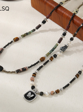 英国cherry kitty复古石黑尖晶串珠项链蝴蝶吊坠黑线红纹中性