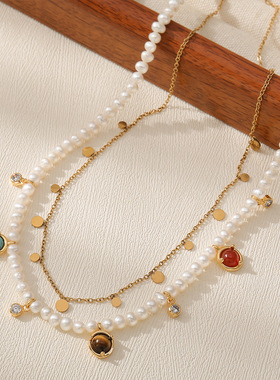 英国cherry kitty法式优雅淡水珍珠项链叠戴多吊坠蓝松石秋冬