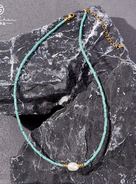 英国cherry kitty小众设计复古蓝纹石串珠项链法式小清新绿松石