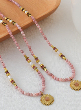 英国cherry kitty粉色石手工串珠项链太阳花爱心吊坠锁骨链多