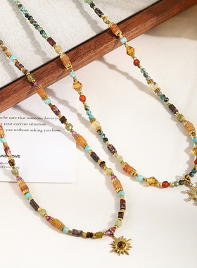 英国cherry kitty西部落日~复古民族风彩色石红东陵串珠项链轻奢