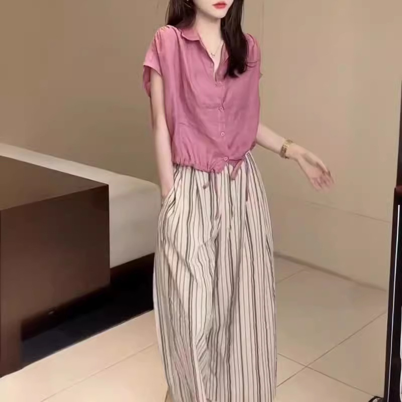 英国cherry kitty夏季新款氛围感翻领衬衫休闲宽松阔腿裤女装