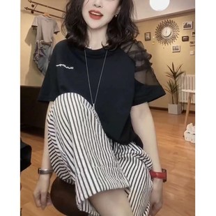女装 英国cherry 圆领字母拼接网纱t恤条纹休闲裤 kitty夏季 新款