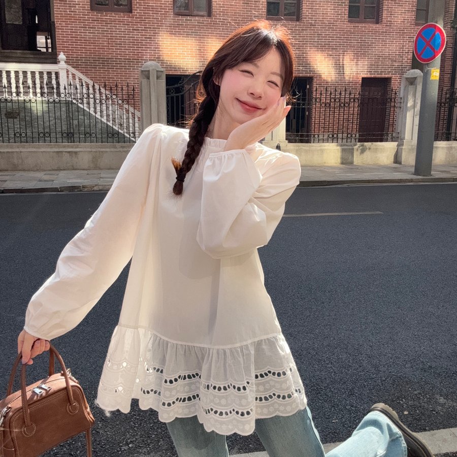 实拍 大码 百搭设计感拼接套头小清新长袖衬衫上衣衬衣女