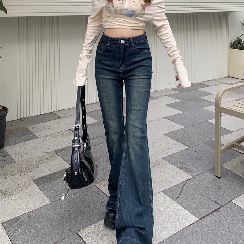 实拍 辣妹复古水洗蓝色牛仔裤女新款春款微喇叭马蹄拖地长裤子