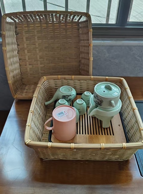竹编方形竹筐菜篮子收纳竹制品拜神托盘家用水果蔬菜编织正方竹篮