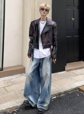 复古其他潮流翻领红机车皮衣