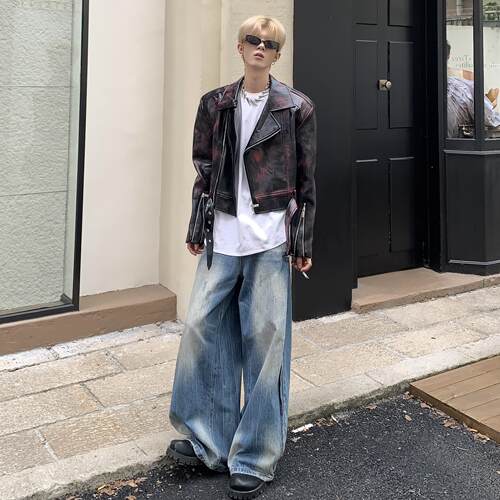 复古其他潮流翻领红机车皮衣