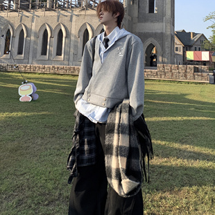 Med老叔 男拼接设计感廓形卫衣时髦外套潮 小众简约假两件连帽衬衫