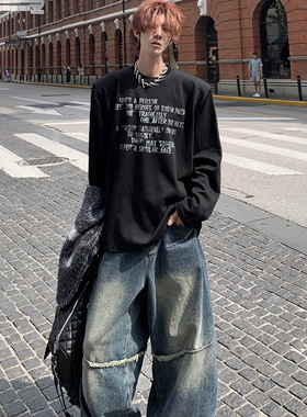 Med老叔原创连帽黑色上衣字母印花垫肩长袖T恤男女早秋园领打底衫