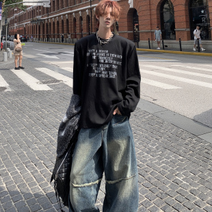 Med老叔原创连帽黑色上衣字母印花垫肩长袖T恤男女早秋园领打底衫