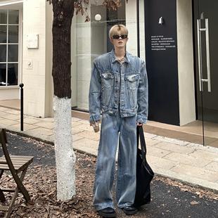 街头扎染毛边肌理牛仔夹克套装 高街外套上衣秋季 原创美式 Med老叔