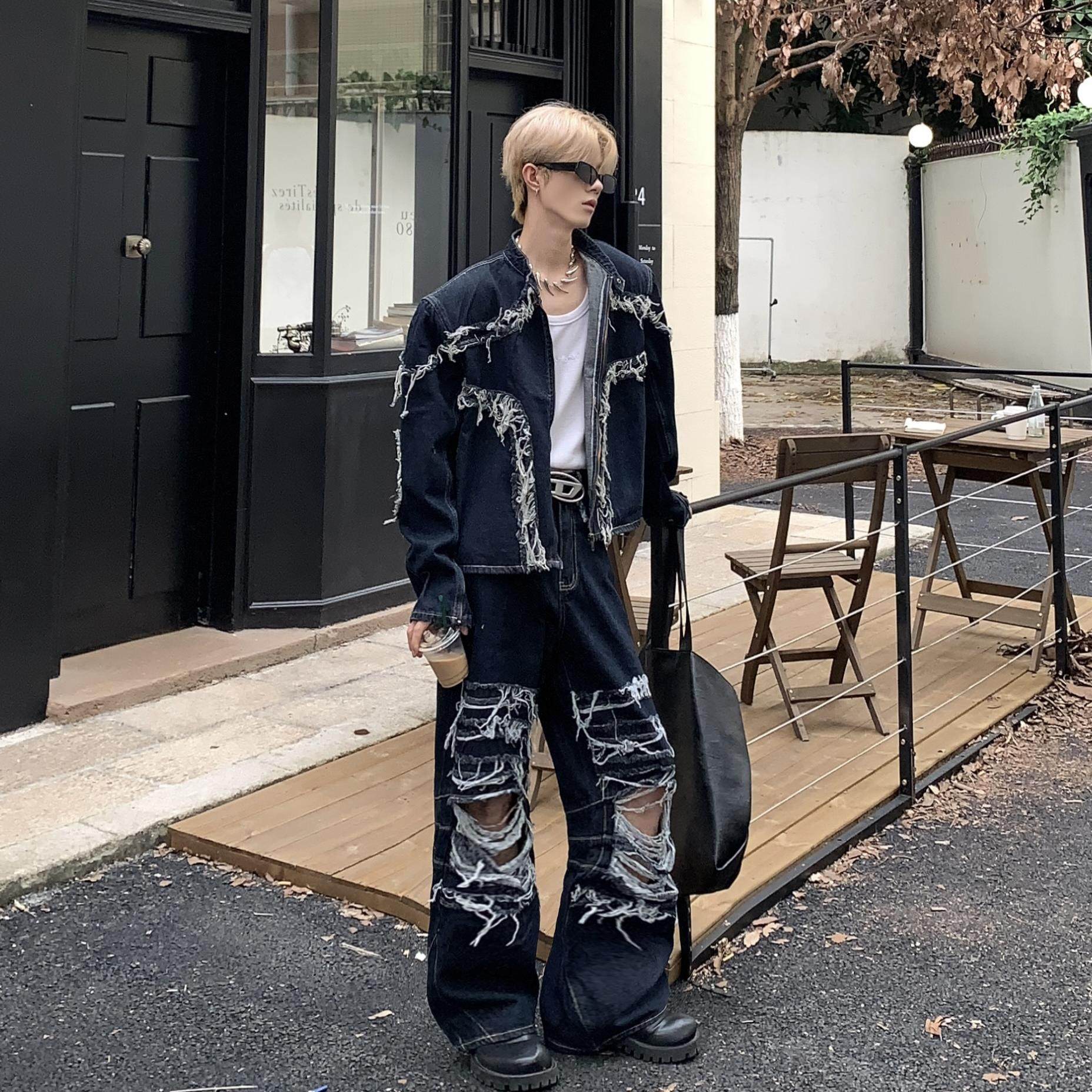 Med老叔 24原创小众流苏破洞设计牛仔外套男秋季金属拉链夹克男潮,男装,时尚套装,淘宝优惠券,粉丝福利购,淘宝优惠卷