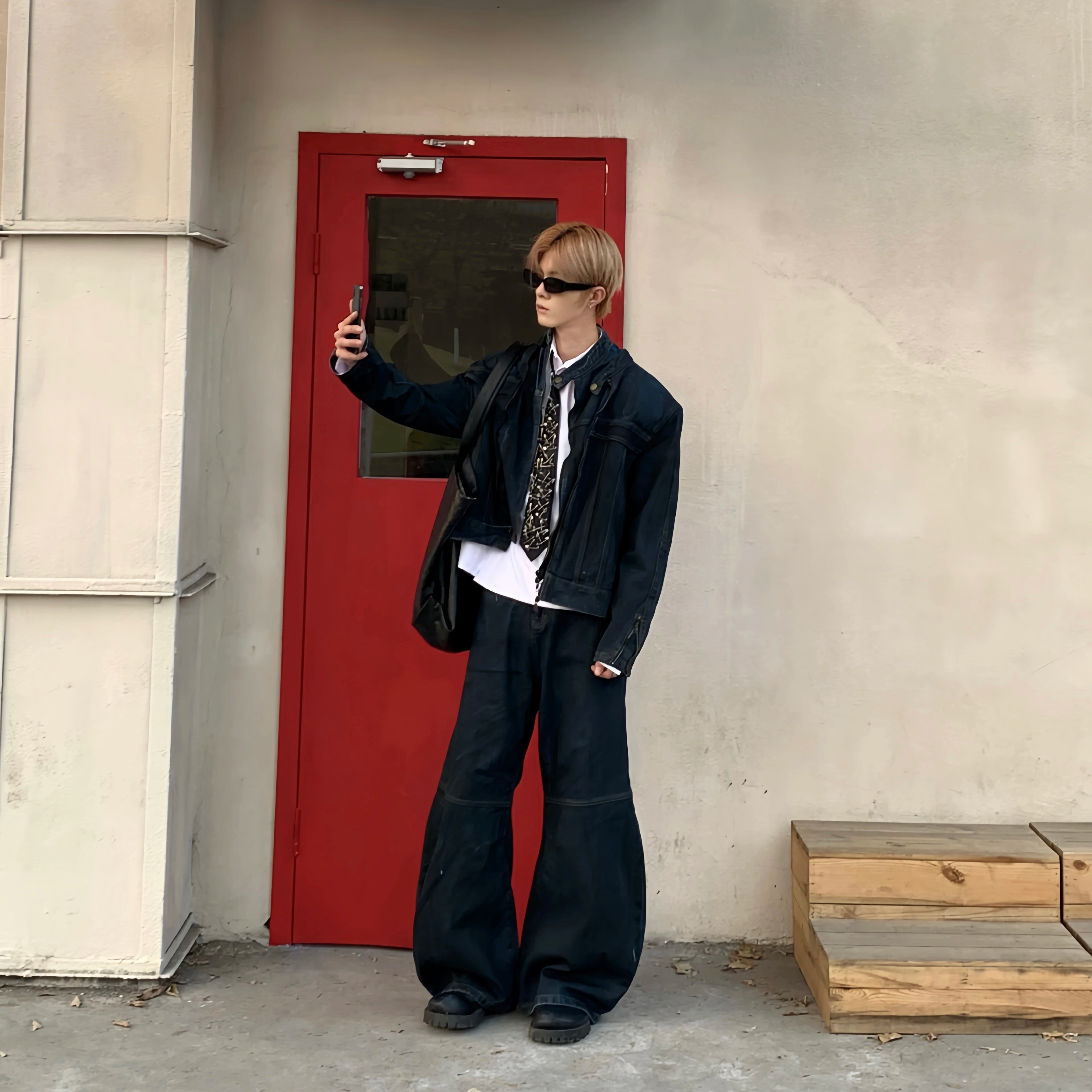 双层领假两件牛仔外套夹克套装