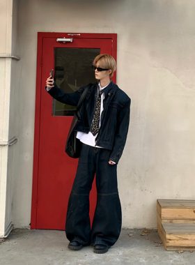 双层领假两件牛仔外套夹克套装