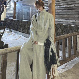 Med老叔 小众高定华夫格简约设计感翻领线条针织套头慵懒风套装潮