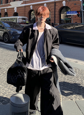 Med老叔 原创老钱风黑色拼接假两件外套男小众高级设计垫肩夹克潮