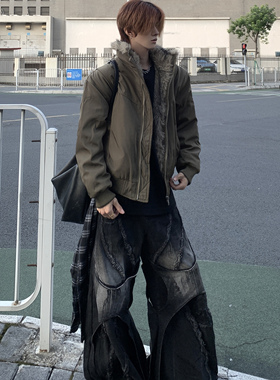 Med老叔 冬季美式复古座山雕毛领结构棉服高定加厚飞行夹克外套潮