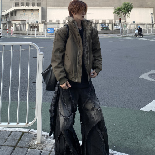 复古座山雕毛领加厚冬季夹克外套
