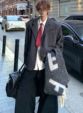 Med老叔 原创小众设计廓形灰色西服男随性金属老钱风帅气高级西装