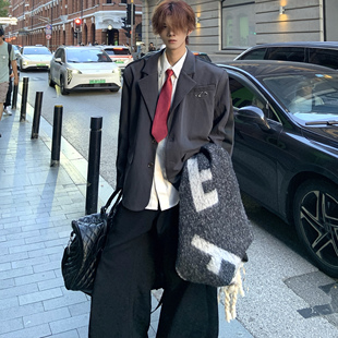 Med老叔 原创小众设计廓形灰色西服男随性金属老钱风帅气高级西装