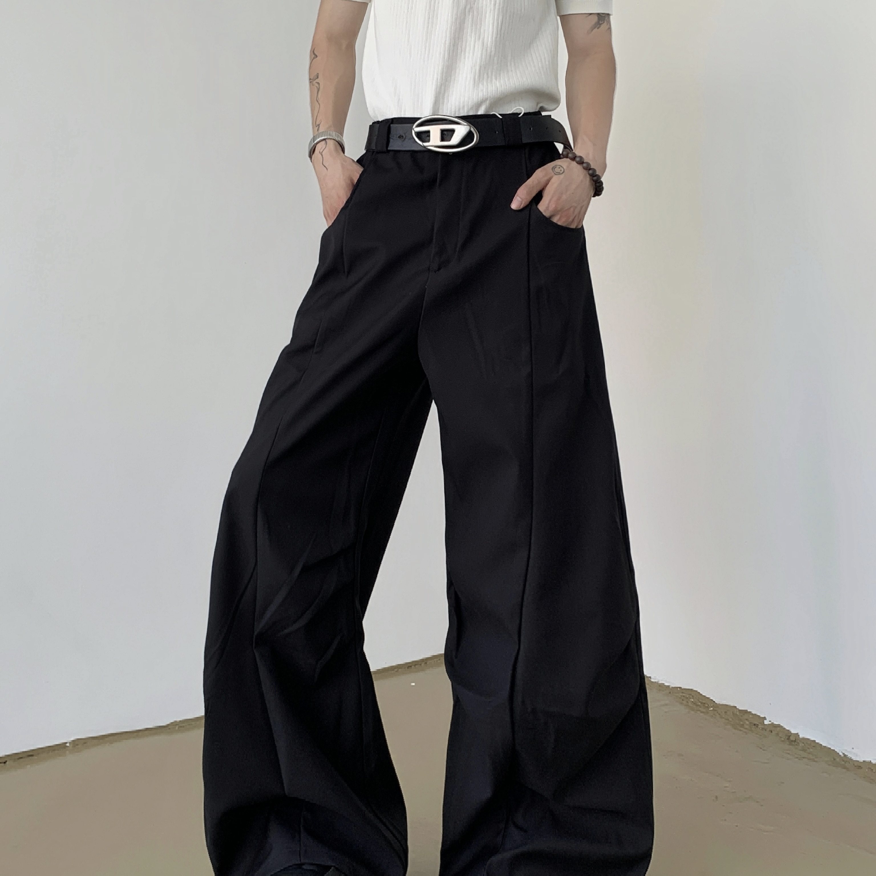 Med老叔 原创小众设计感阔腿压褶西裤宽松微喇垂坠高级感纯色长裤,男装,西裤,淘宝优惠券,粉丝福利购,淘宝优惠卷