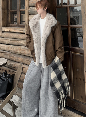 Med老叔 高级感大毛领cleanfit座山雕外套男冬季加绒短款夹克棉服