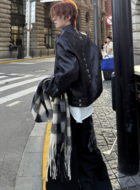 Med老叔 高定银龙脊金属脊椎设计感立领PU秋冬季垫肩皮夹克外套潮