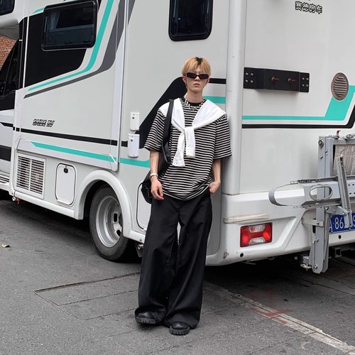 条纹拼接假两件短袖T恤男女
