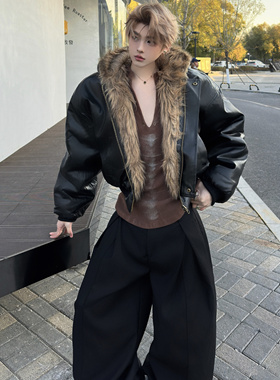 Med老叔 高定座山雕双面穿皮毛一体廓形加绒加厚连帽短款夹克外套