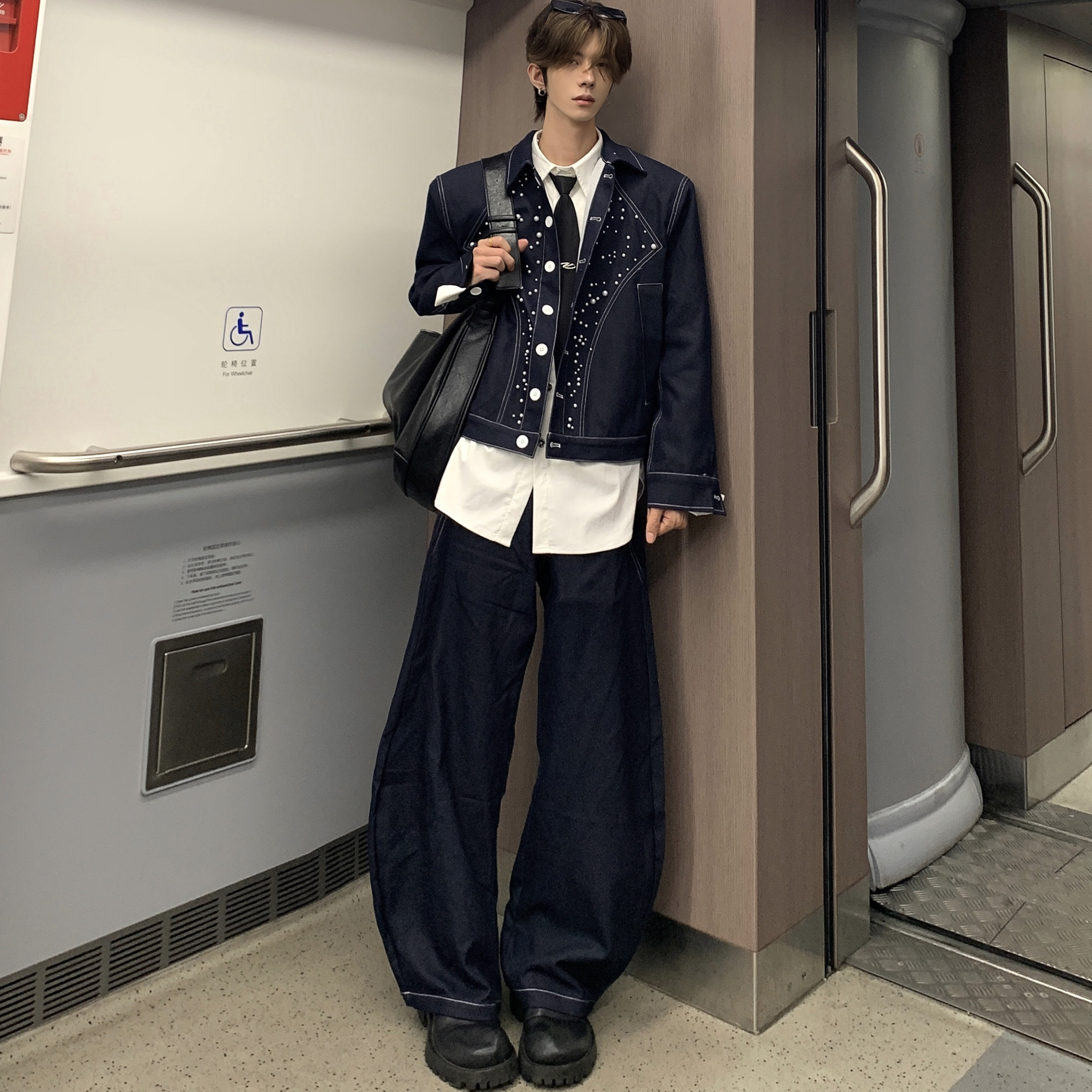 Med老叔 小众珍珠设计感垫肩夹克外套男短款秋季上衣弯刀裤两件套,男装,时尚套装,淘宝优惠券,粉丝福利购,淘宝优惠卷