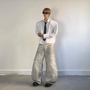 Med老叔 韩系氛围时髦上衣纯色简约宽松百搭斜门襟设计感衬衫外套