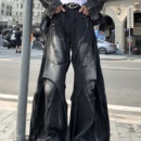 男秋手绘擦色阔腿裤 Med老叔 自制做旧结构拼接毛边喇叭宽松牛仔裤