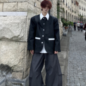 Med老叔 小众设计高级定制黑色无领皮衣外套男秋季 小香风PU皮夹克