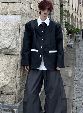 Med老叔 小众设计高级定制黑色无领皮衣外套男秋季小香风PU皮夹克