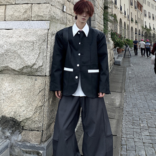 Med老叔 小香风PU皮夹克 小众设计高级定制黑色无领皮衣外套男秋季